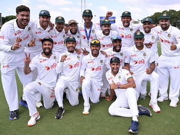 Bangladesh cricketers rejoice after victory against Australia.