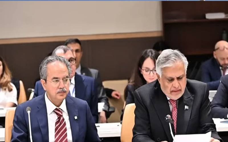 Ishaq Dar speaking at the UN