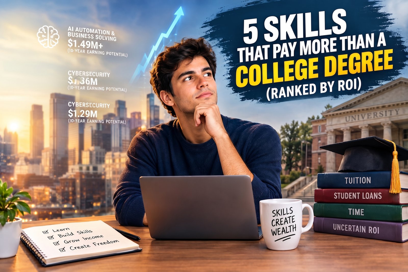 Discover five high-income skills that can rival expensive college career paths. See their 2025 median pay, 10-year earning potential and real ROI considerations.
