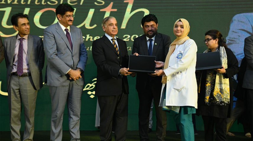Prime Minister Muhammad Shehbaz Sharif distributed Laptops and cheques under Prime Minister’s Youth Business Loans programme in Karachi