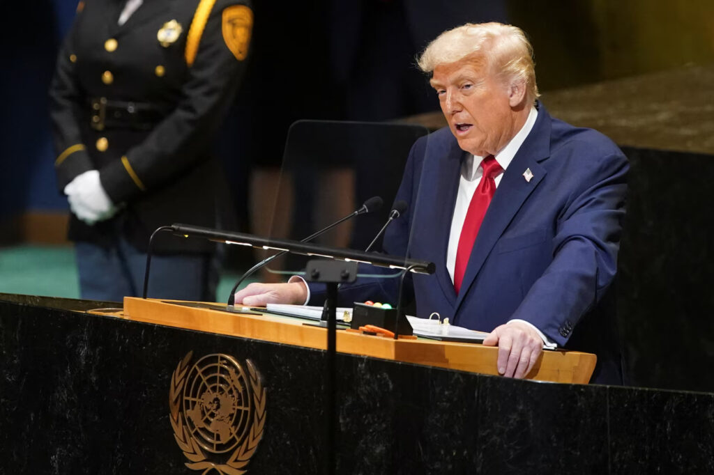 U.S. President Donald Trump addresses the 80th United Nations General Assembly, in New York City.